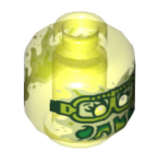 Minifigure, Head Alien Ghost with Yellowish Green Face, Slime Mouth, Glasses and Flames in Back Pattern - Vented Stud