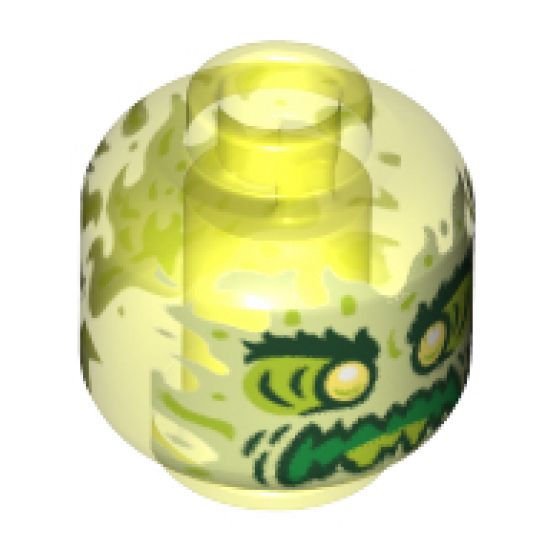 Minifigure, Head Alien Ghost with Yellowish Green Face, Bushy Eyebrows, Angry and Flames in Back Pattern - Vented Stud