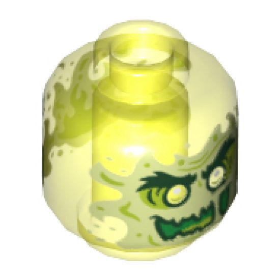Minifigure, Head Alien Ghost with Yellowish Green Face, Bushy Eyebrows, Slime Mouth and Flames in Back Pattern - Vented Stud