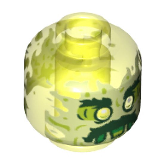Minifigure, Head Alien Ghost with Yellowish Green Face, Bushy Eyebrows, Moustache and Flames in Back Pattern - Vented Stud