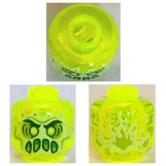Minifigure, Head Alien Ghost with Yellowish Green Face, Slime Mouth and Flames in Back Pattern - Vented Stud