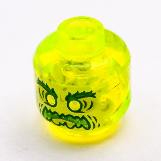 Minifigure, Head Alien Ghost with Yellowish Green Face, Bushy Eyebrows, Angry and Flames in Back Pattern - Hollow Stud