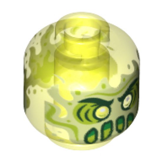 Minifigure, Head Alien Ghost with Yellowish Green Face, Slime Mouth and Flames in Back Pattern - Hollow Stud