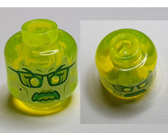 Minifigure, Head Alien Ghost with Yellowish Green Face, Glasses, Angry and Flames in Back Pattern - Vented Stud