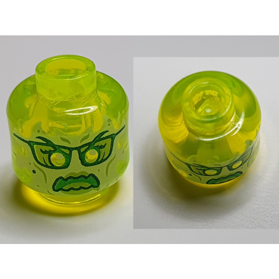 Minifigure, Head Alien Ghost with Yellowish Green Face, Glasses, Angry and Flames in Back Pattern - Vented Stud