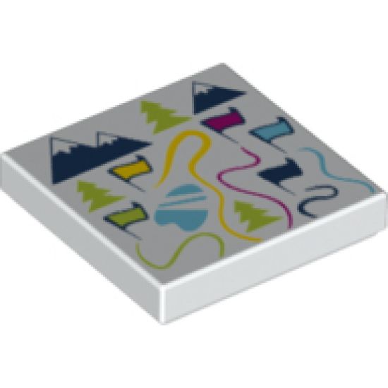 Tile 2 x 2 with Map of Ski Resort with Flags, Trees and Mountains Pattern