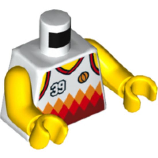 Torso Sports Shirt with Number 39, Orange Basketball, Orange and Red Diamonds and Back Print Pattern / Yellow Arms / Yellow Hands