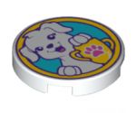 Tile, Round 2 x 2 with Bottom Stud Holder with White Puppy Dog and Yellow Trophy with Dark Pink Paw Print on Medium Azure Background Pattern