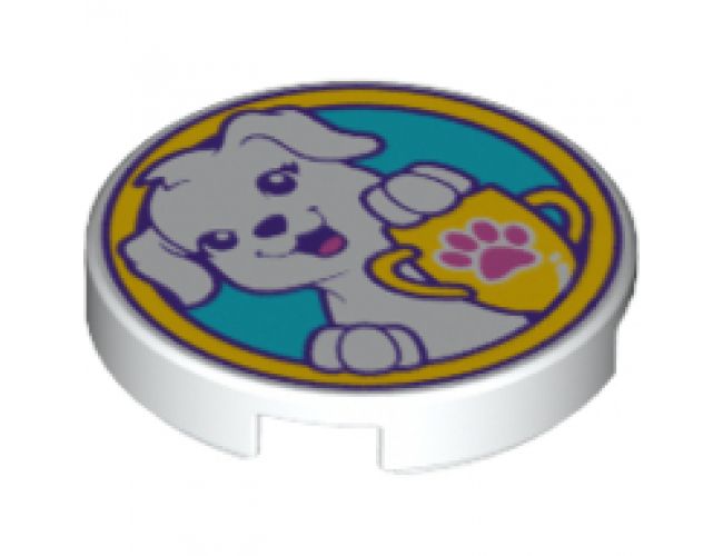 Tile, Round 2 x 2 with Bottom Stud Holder with White Puppy Dog and Yellow Trophy with Dark Pink Paw Print on Medium Azure Background Pattern