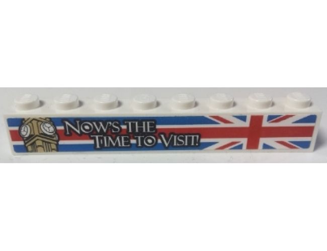 Brick 1 x 8 with White 'NOW'S THE TIME TO VISIT' on United Kingdom Flag (Union Jack) Pattern (Sticker) - Set 40220
