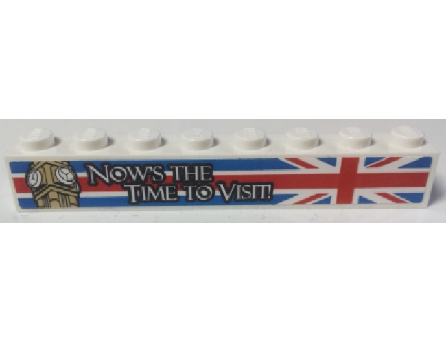 Brick 1 x 8 with White 'NOW'S THE TIME TO VISIT' on United Kingdom Flag (Union Jack) Pattern (Sticker) - Set 40220