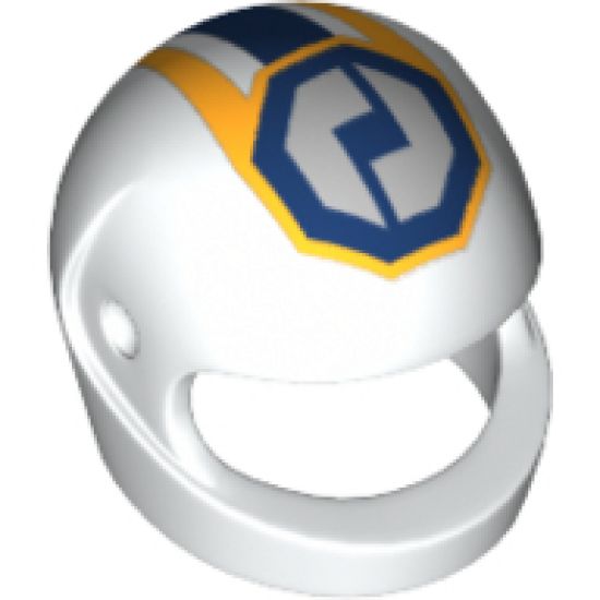 Minifigure, Headgear Helmet Motorcycle (Standard) with Gear Racing Team Logo in Octagon and Dark Blue Stripe Pattern
