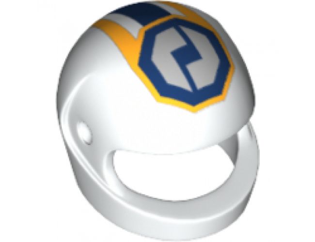 Minifigure, Headgear Helmet Motorcycle (Standard) with Gear Racing Team Logo in Octagon and Dark Blue Stripe Pattern