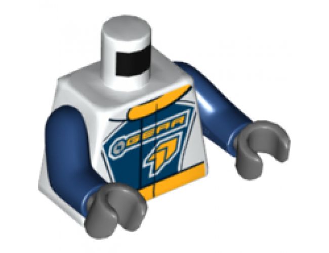 Torso Race Suit with 'GEAR' Racing Team Logo on Front and Gear on Back Pattern / Dark Blue Arms / Dark Bluish Gray Hands