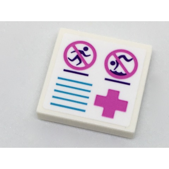 Tile 2 x 2 with No Running and No Diving Signs, Medium Azure Lines and Dark Pink Cross Pattern (Sticker) - Set 41313