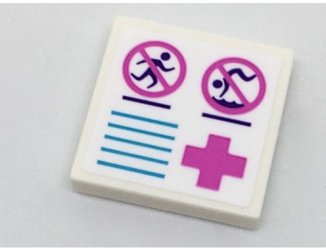 Tile 2 x 2 with No Running and No Diving Signs, Medium Azure Lines and Dark Pink Cross Pattern (Sticker) - Set 41313
