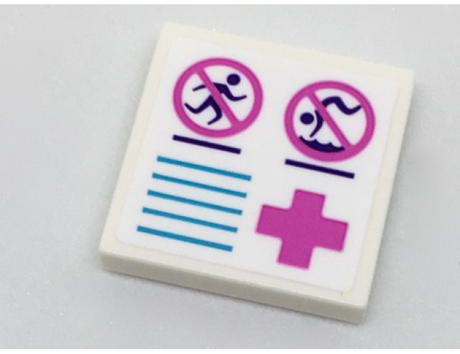 Tile 2 x 2 with No Running and No Diving Signs, Medium Azure Lines and Dark Pink Cross Pattern (Sticker) - Set 41313