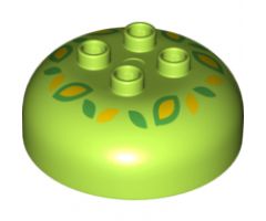 Duplo, Brick Round 4 x 4 Dome Top with 2 x 2 Studs and Green and Yellow Flower Pattern