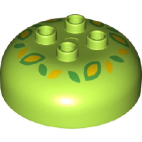 Duplo, Brick Round 4 x 4 Dome Top with 2 x 2 Studs and Green and Yellow Flower Pattern