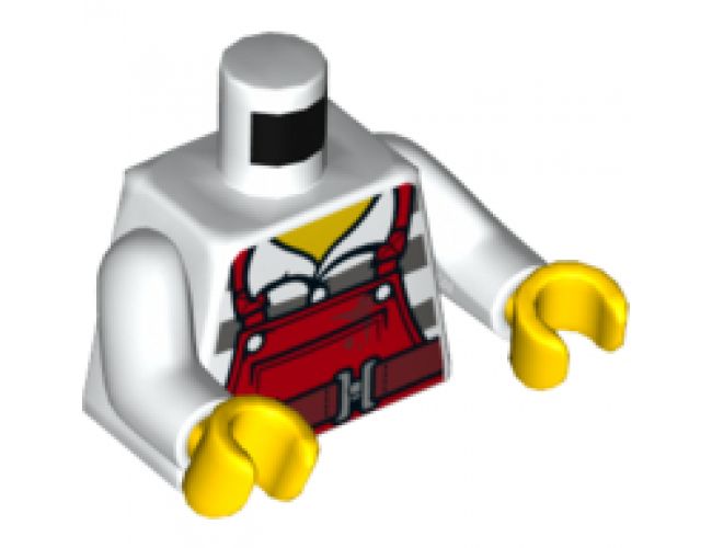 Torso Overalls Red over Prison Stripes Shirt, Dark Red Belt, Dirt Stains and Paint Brush on Back Pattern / White Arms / Yellow Hands