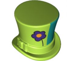 Minifigure, Headgear Hat, Top Hat with Ribbon with Dark Purple Flower and Green Left Side Pattern