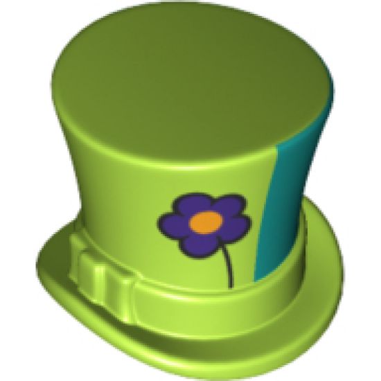 Minifigure, Headgear Hat, Top Hat with Ribbon with Dark Purple Flower and Green Left Side Pattern
