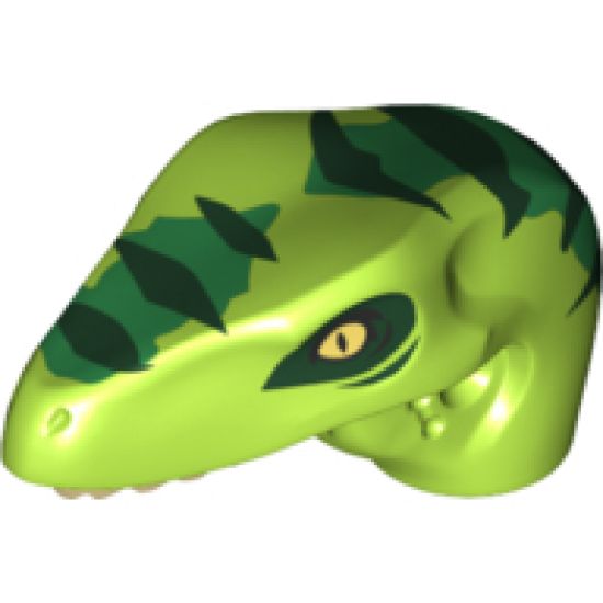 Animal, Body Part Dinosaur Head Raptor with Pin Hole, Tan Teeth and Dark Green Stripes and Green Markings Pattern