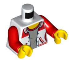 Torso Female Jacket Open over Gray Top with Red Collar with Number '8' on Back Pattern / Red Arms / Yellow Hands