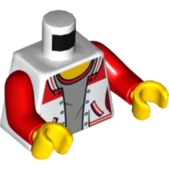 Torso Female Jacket Open over Gray Top with Red Collar with Number '8' on Back Pattern / Red Arms / Yellow Hands