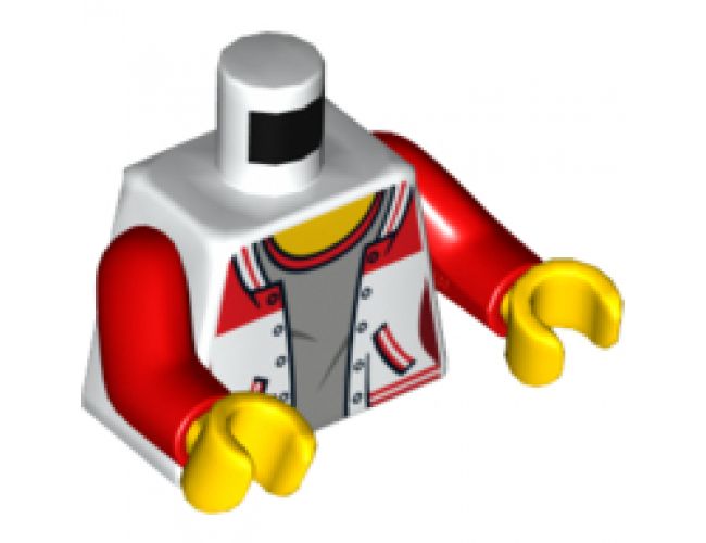 Torso Female Jacket Open over Gray Top with Red Collar with Number '8' on Back Pattern / Red Arms / Yellow Hands