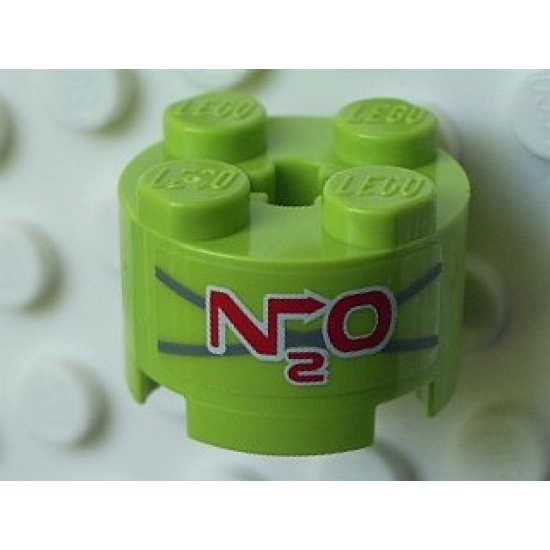 Brick, Round 2 x 2 with Axle Hole with Red 'N2O' on Dark Bluish Gray 'X' Pattern (Sticker) - Set 5980