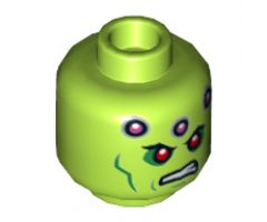 Minifigure, Head Alien with Red Eyes, Green Cheek Lines, Dark Pink Circles and Scowl Pattern (Brainiac) - Hollow Stud
