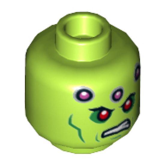 Minifigure, Head Alien with Red Eyes, Green Cheek Lines, Dark Pink Circles and Scowl Pattern (Brainiac) - Hollow Stud