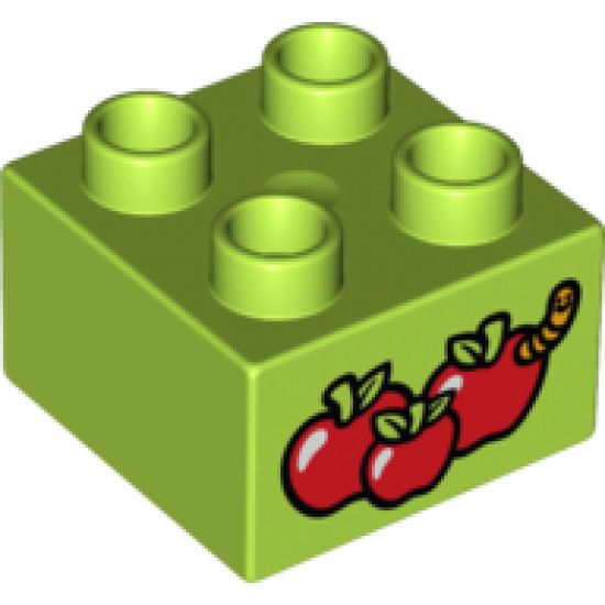 Duplo, Brick 2 x 2 with 3 Red Apples and Worm Pattern