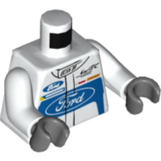 Torso Race Suit with Ford Logo and 'GT' on Front and Ford Logo and 'Powered by EcoBoost' on Back Pattern / White Arms / Dark Bluish Gray Hands
