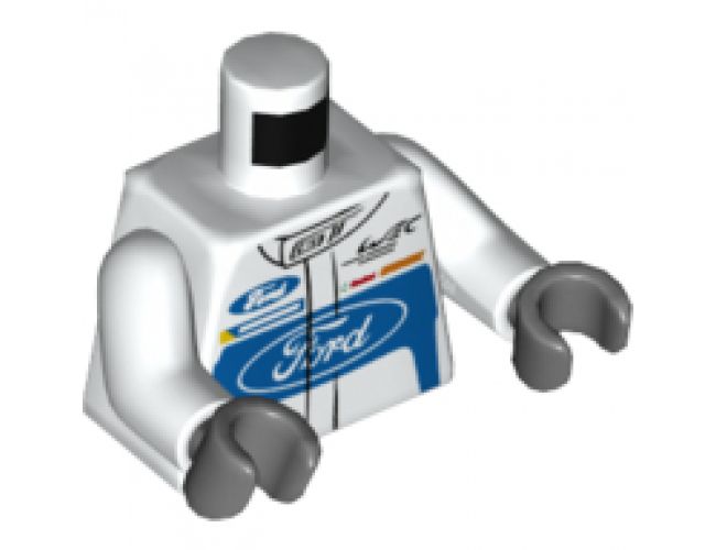 Torso Race Suit with Ford Logo and 'GT' on Front and Ford Logo and 'Powered by EcoBoost' on Back Pattern / White Arms / Dark Bluish Gray Hands