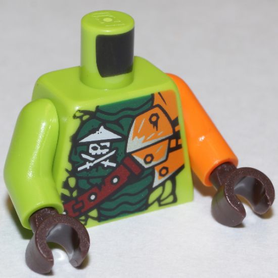 Torso Ninjago Scales, Green Stomach, Ninja Skull with Crossed Swords, Shoulder Armor Pattern / Orange Arm Left / Lime Arm Right / Dark Brown Hands