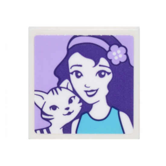 Tile 2 x 2 with Portrait of Female with Headband with Flower and Black and White Striped Cat Pattern (Sticker) - Set 41305