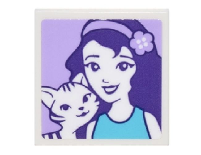 Tile 2 x 2 with Portrait of Female with Headband with Flower and Black and White Striped Cat Pattern (Sticker) - Set 41305