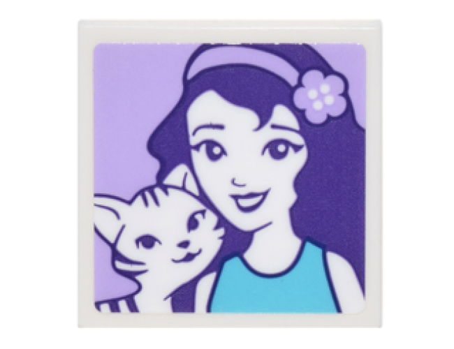 Tile 2 x 2 with Portrait of Female with Headband with Flower and Black and White Striped Cat Pattern (Sticker) - Set 41305