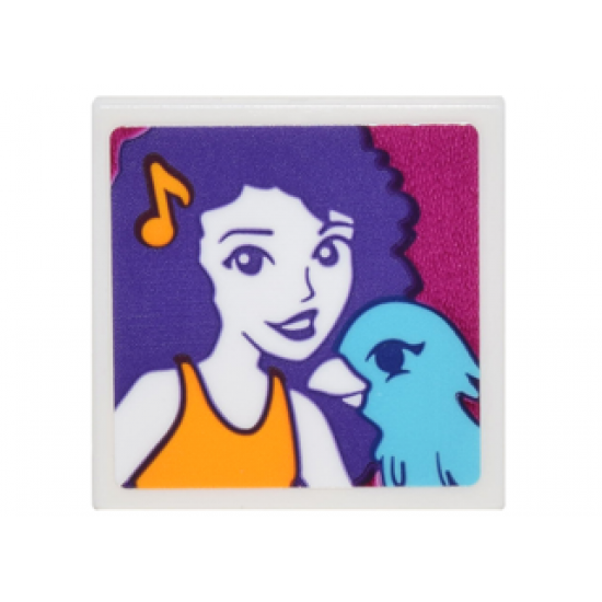 Tile 2 x 2 with Portrait of Female with Musical Note Barrette and Medium Azure Bird Pattern (Sticker) - Set 41305