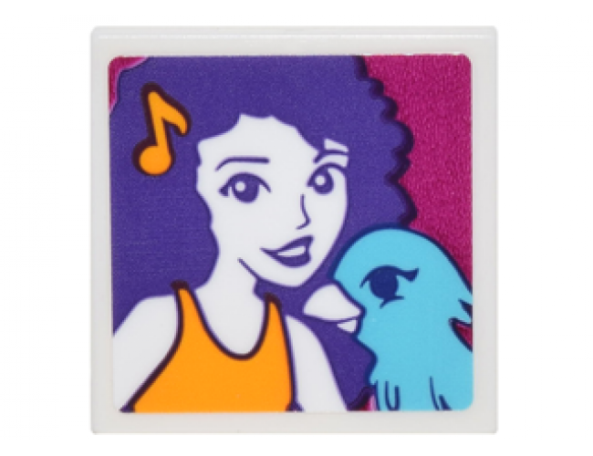 Tile 2 x 2 with Portrait of Female with Musical Note Barrette and Medium Azure Bird Pattern (Sticker) - Set 41305
