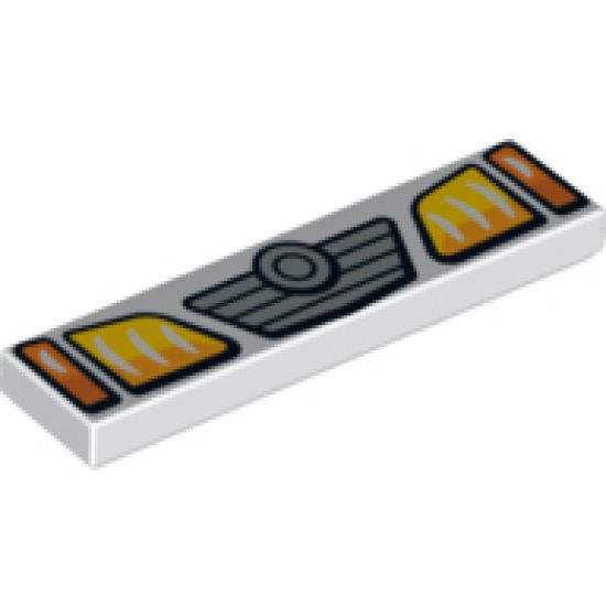 Tile 1 x 4 with Yellow and Orange Headlights and Grille with Concentric Circles Badge Pattern