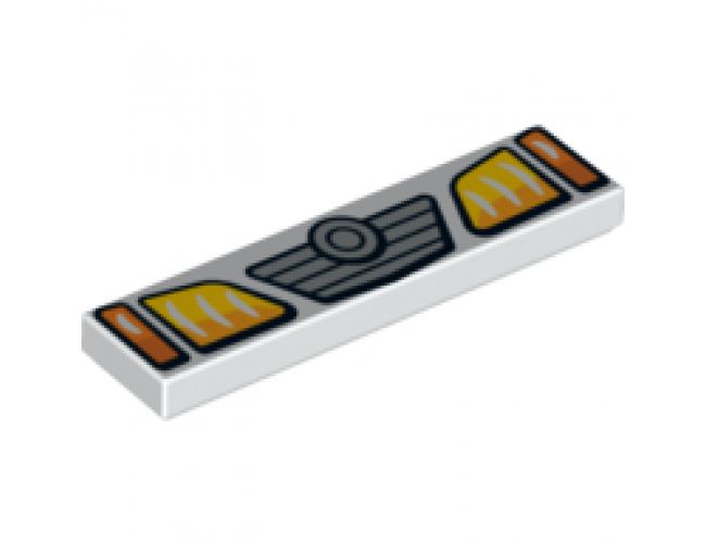 Tile 1 x 4 with Yellow and Orange Headlights and Grille with Concentric Circles Badge Pattern