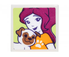 Tile 2 x 2 with Portrait of Female with Paw Print T-shirt and Brown and White Pug Pattern (Sticker) - Set 41305