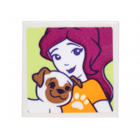 Tile 2 x 2 with Portrait of Female with Paw Print T-shirt and Brown and White Pug Pattern (Sticker) - Set 41305