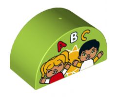 Duplo, Brick 2 x 4 x 2 Curved Top with Sun, Two Children and ABC Pattern
