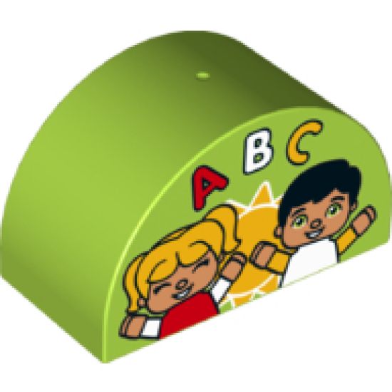 Duplo, Brick 2 x 4 x 2 Curved Top with Sun, Two Children and ABC Pattern