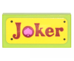 Tile 1 x 2 with Red 'Joker' with Dark Pink Spade on Yellow Background Pattern (Sticker) - Set 70906