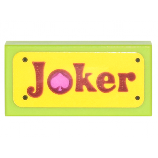 Tile 1 x 2 with Red 'Joker' with Dark Pink Spade on Yellow Background Pattern (Sticker) - Set 70906